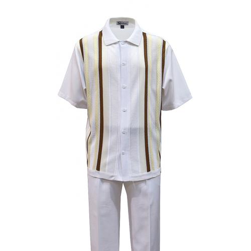 Silversilk White / Cream / Bronze Striped Short Sleeve Knitted Outfit With Spitfire Cap 4324
